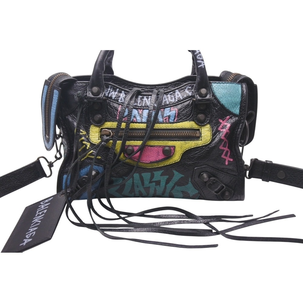 Balenciaga City Multicolored Leather Classic Black Graffiti Handbag
